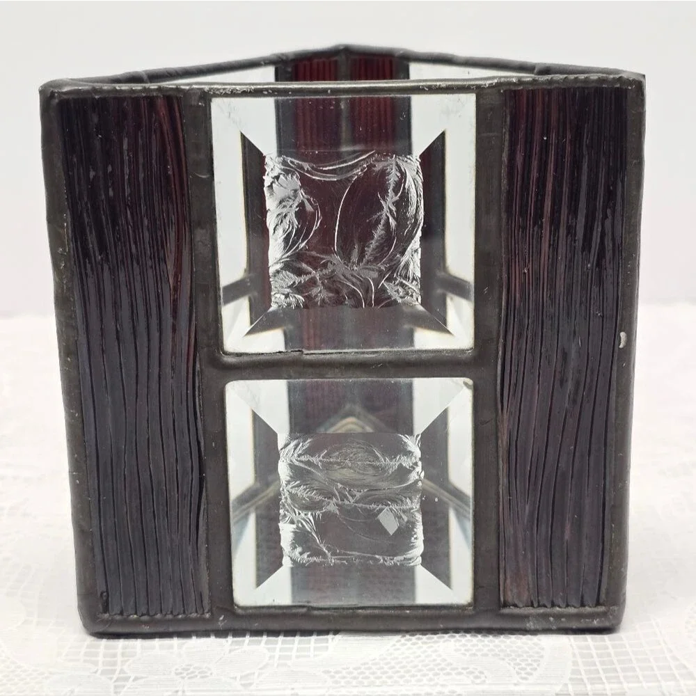 Vintage Burgundy Clear Stained Glass Gothic Votive Tealight Candle Holder